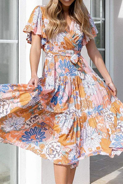 Fashion Elegant Floral Flounce Strap Design V Neck Waist Skirt Dresses(4 Colors) - Image 5