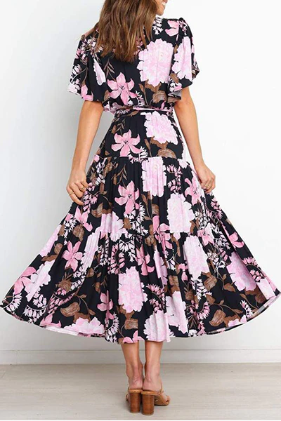 Fashion Elegant Floral Flounce Strap Design V Neck Waist Skirt Dresses(4 Colors) - Image 6