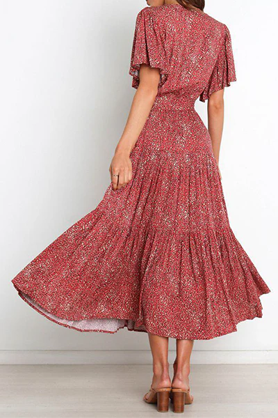 Fashion Elegant Floral Flounce Strap Design V Neck Waist Skirt Dresses(4 Colors) - Image 7