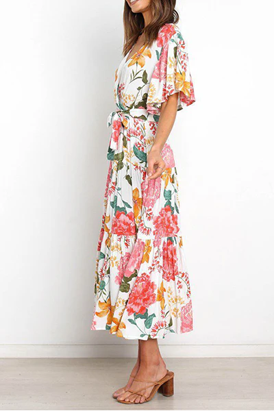 Fashion Elegant Floral Flounce Strap Design V Neck Waist Skirt Dresses(4 Colors) - Image 8