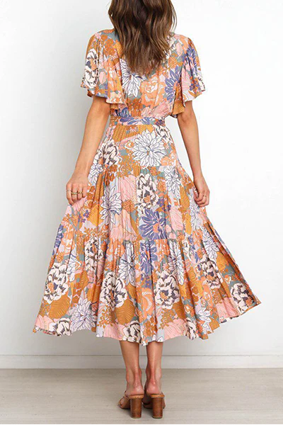 Fashion Elegant Floral Flounce Strap Design V Neck Waist Skirt Dresses(4 Colors) - Image 9