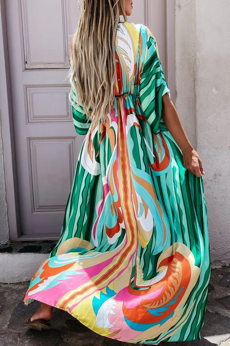 Fashion Elegant Frenulum Slit V Neck Printed Dress Dresses(4 colors) - Image 11
