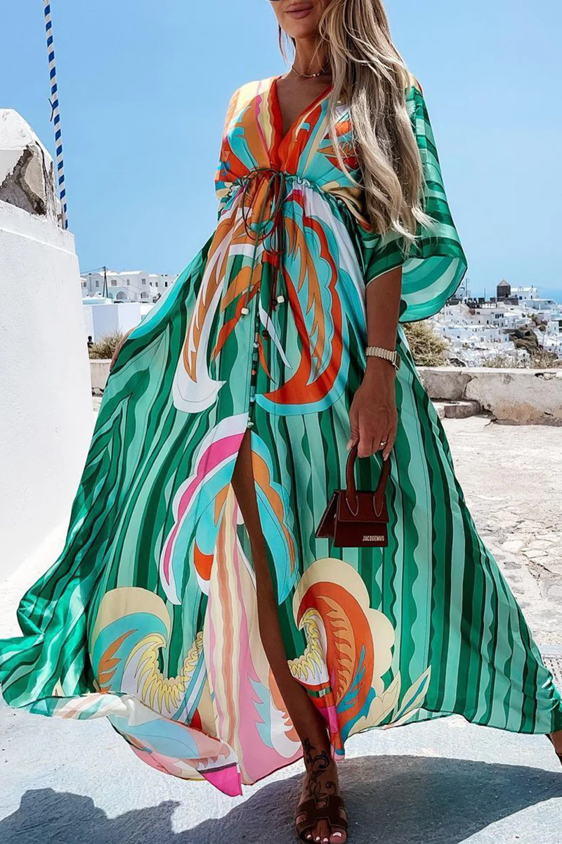 Fashion Elegant Frenulum Slit V Neck Printed Dress Dresses(4 colors) - Image 12