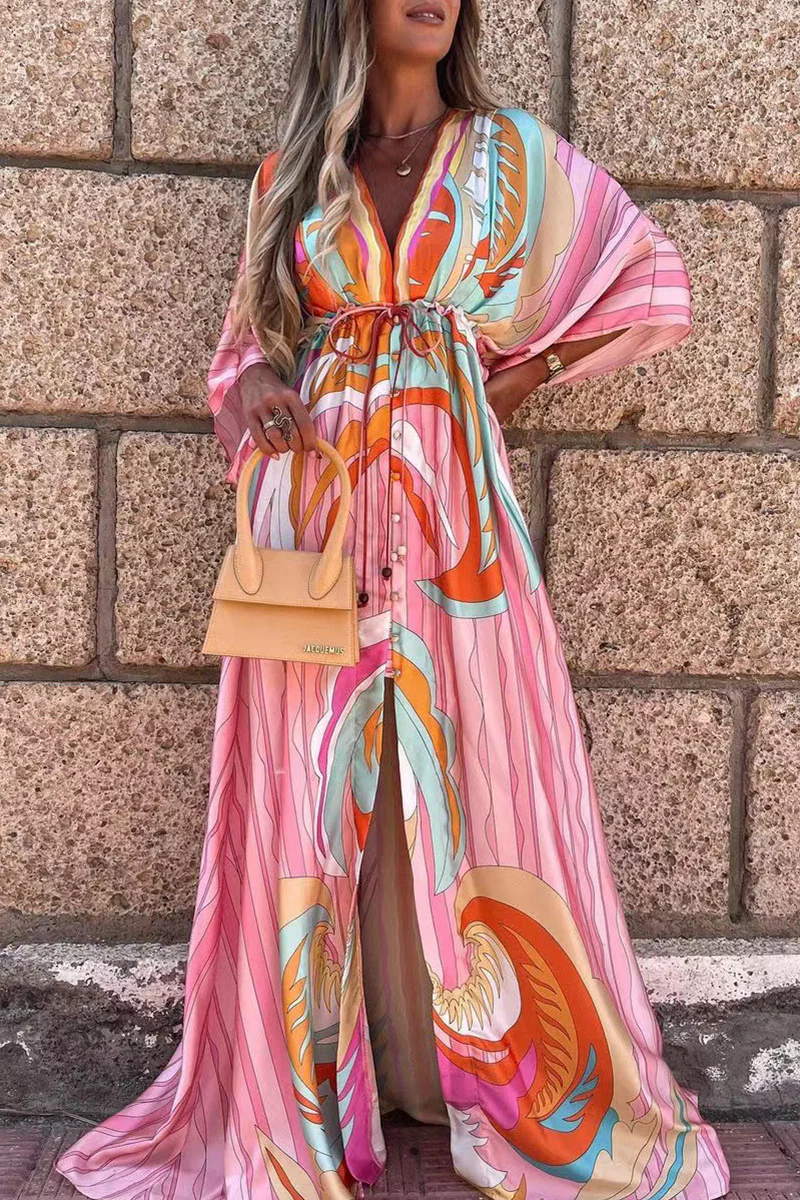 Fashion Elegant Frenulum Slit V Neck Printed Dress Dresses(4 colors) - Image 13