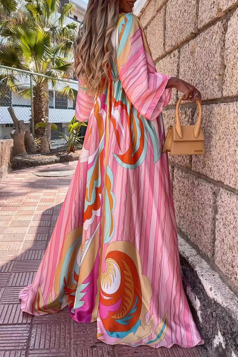 Fashion Elegant Frenulum Slit V Neck Printed Dress Dresses(4 colors) - Image 6