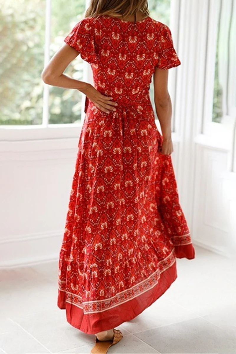 Fashion Elegant Print Floral Frenulum Slit V Neck A Line Dresses - Image 10