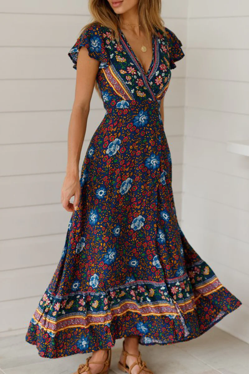 Fashion Elegant Print Floral Frenulum Slit V Neck A Line Dresses - Image 13