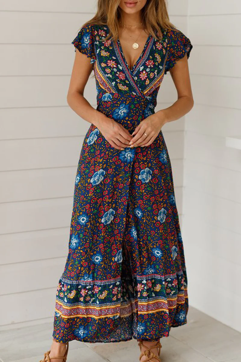 Fashion Elegant Print Floral Frenulum Slit V Neck A Line Dresses - Image 18