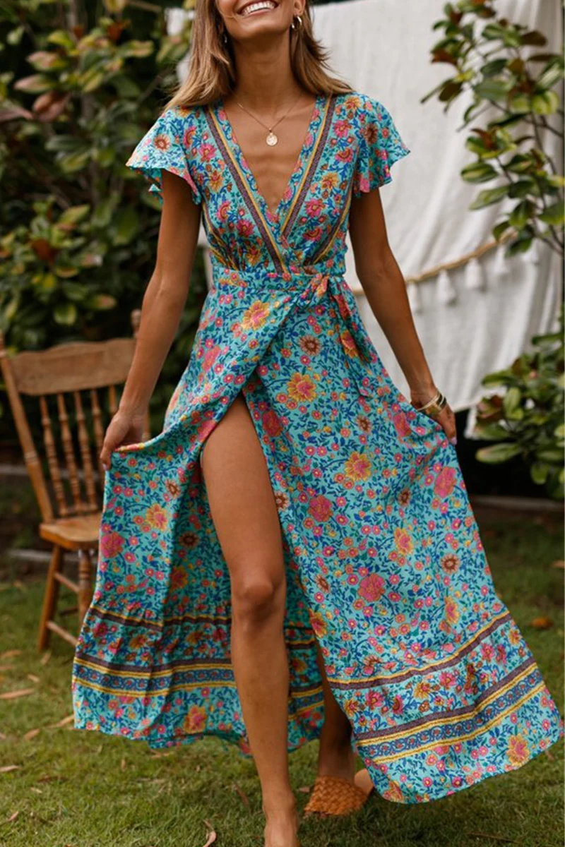 Fashion Elegant Print Floral Frenulum Slit V Neck A Line Dresses - Image 19