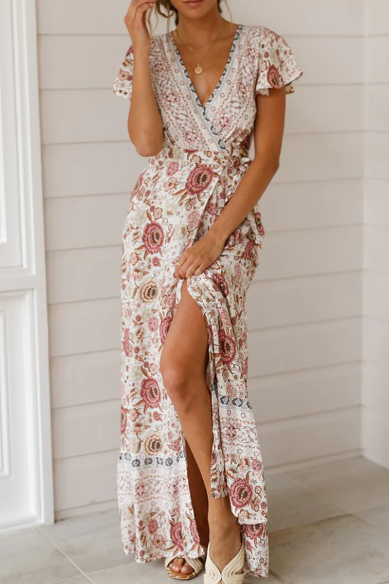 Fashion Elegant Print Floral Frenulum Slit V Neck A Line Dresses - Image 20