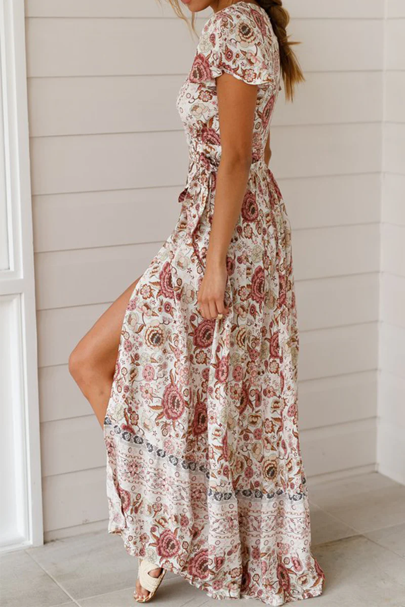 Fashion Elegant Print Floral Frenulum Slit V Neck A Line Dresses - Image 3