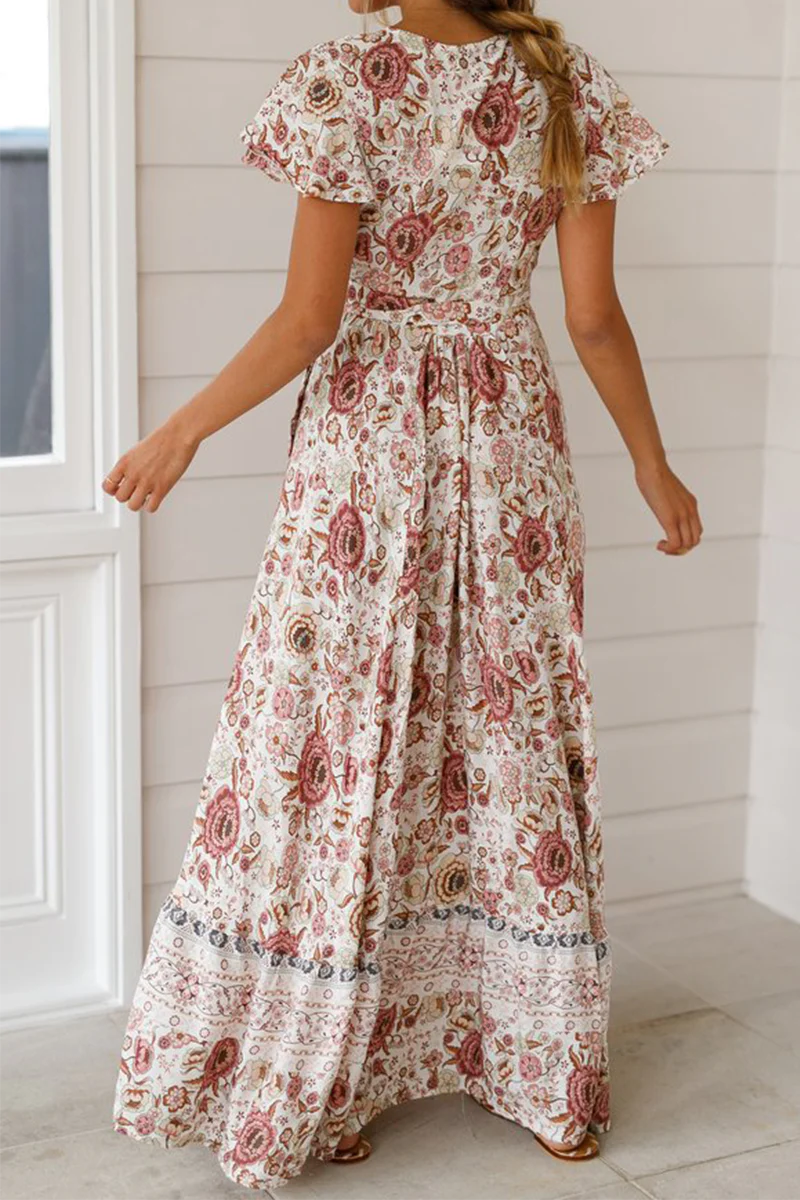 Fashion Elegant Print Floral Frenulum Slit V Neck A Line Dresses - Image 4