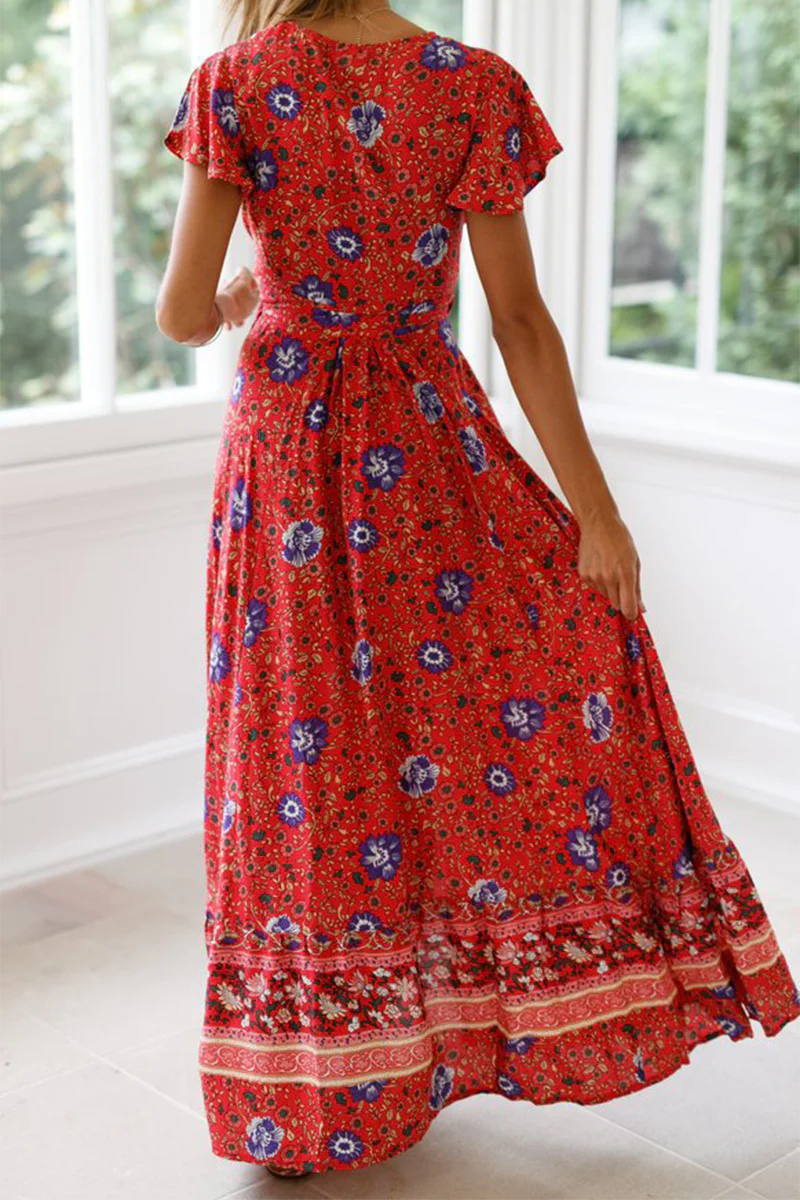 Fashion Elegant Print Floral Frenulum Slit V Neck A Line Dresses - Image 7