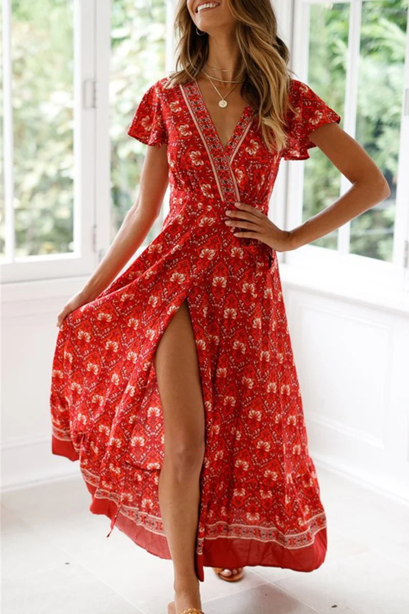 Fashion Elegant Print Floral Frenulum Slit V Neck A Line Dresses - Image 8