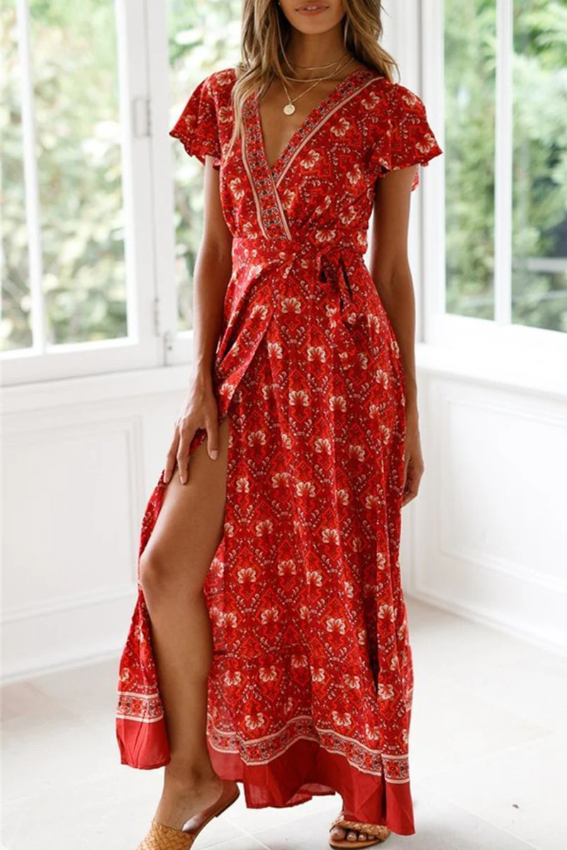 Fashion Elegant Print Floral Frenulum Slit V Neck A Line Dresses - Image 9