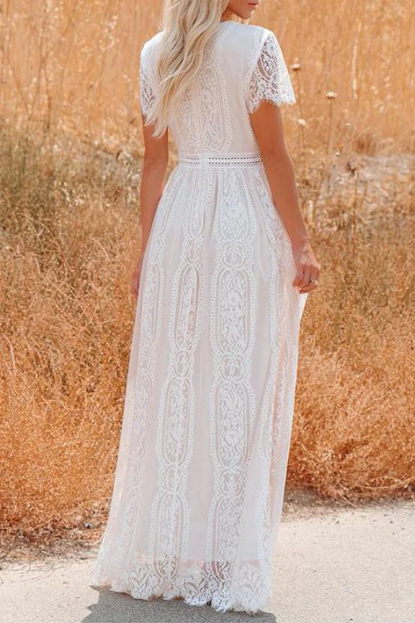 Fashion Elegant Solid Lace Split Joint V Neck A Line Dresses - Image 3