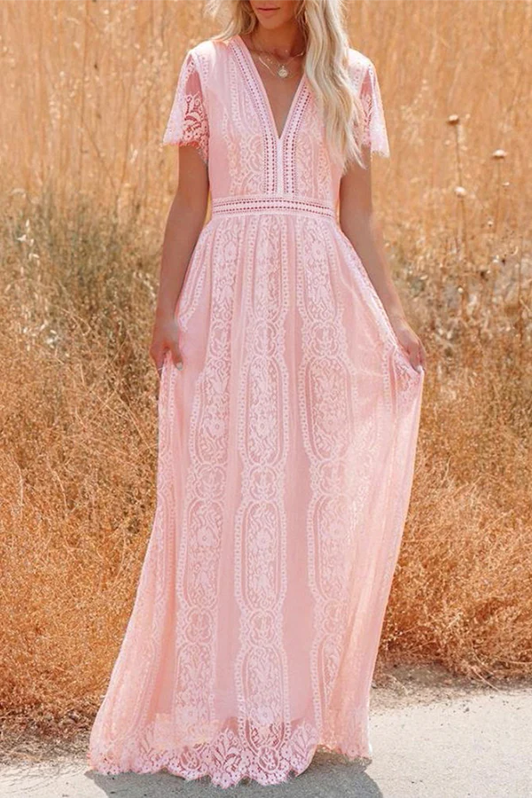 Fashion Elegant Solid Lace Split Joint V Neck A Line Dresses - Image 4