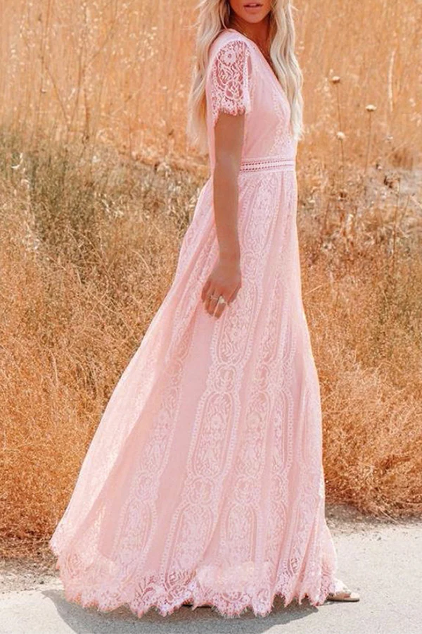 Fashion Elegant Solid Lace Split Joint V Neck A Line Dresses - Image 5