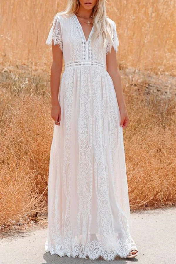 Fashion Elegant Solid Lace Split Joint V Neck A Line Dresses - Image 7