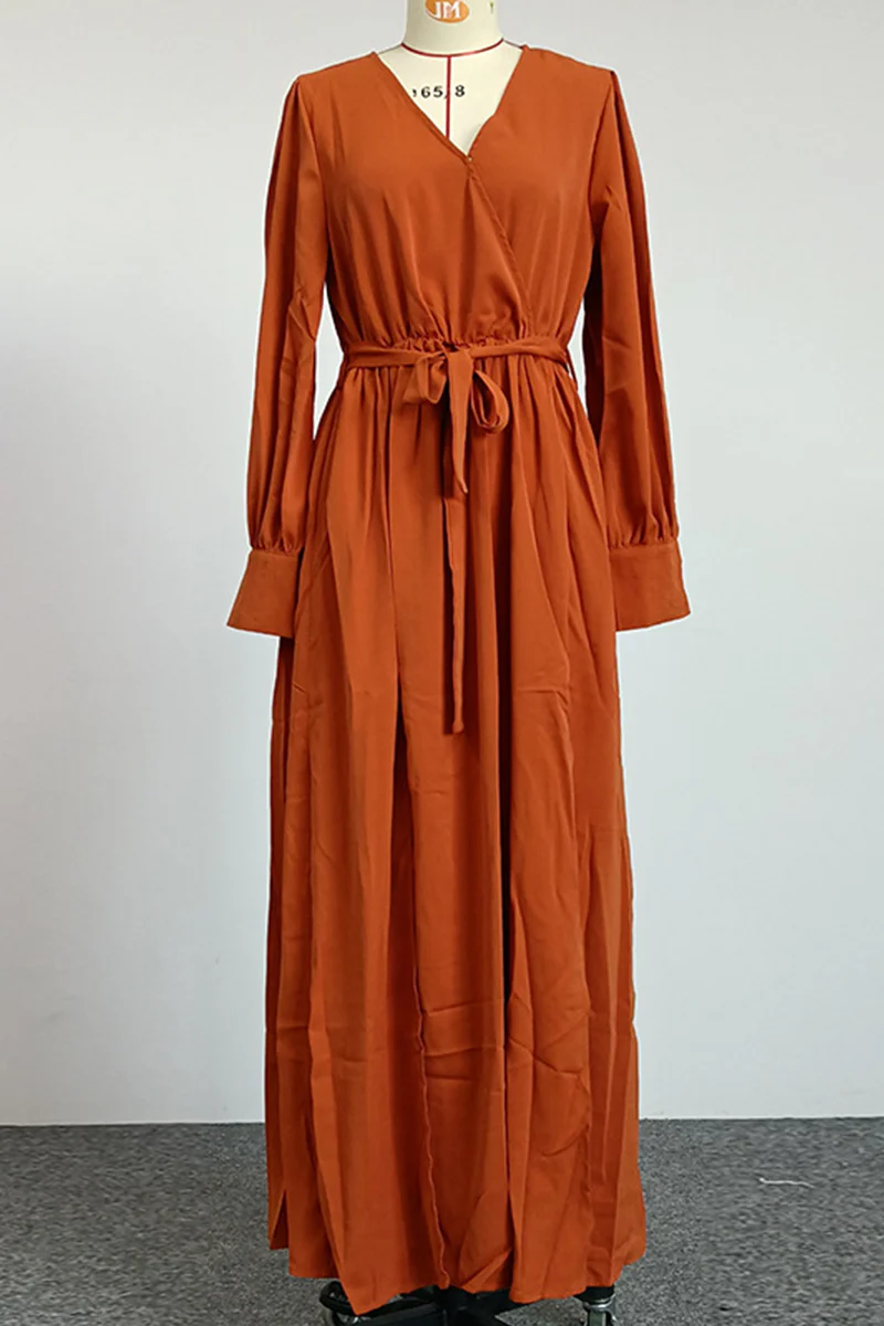 Fashion Elegant Solid Slit With Belt V Neck Dresses(5 colors) - Image 11