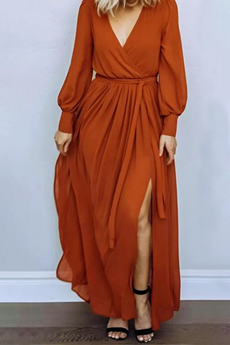 Fashion Elegant Solid Slit With Belt V Neck Dresses(5 colors) - Image 17