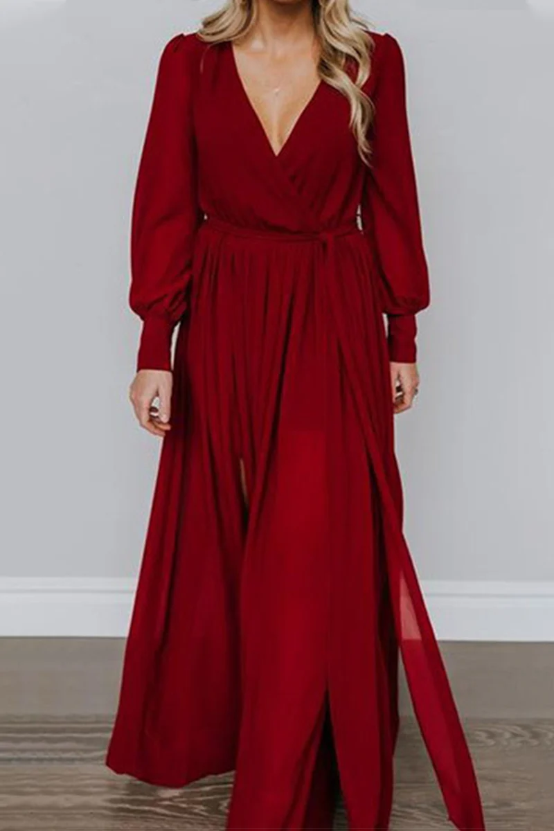 Fashion Elegant Solid Slit With Belt V Neck Dresses(5 colors) - Image 18