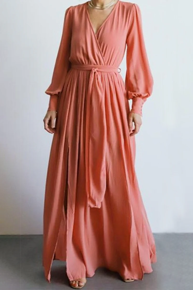 Fashion Elegant Solid Slit With Belt V Neck Dresses(5 colors) - Image 20