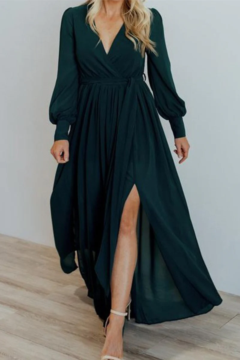Fashion Elegant Solid Slit With Belt V Neck Dresses(5 colors) - Image 24