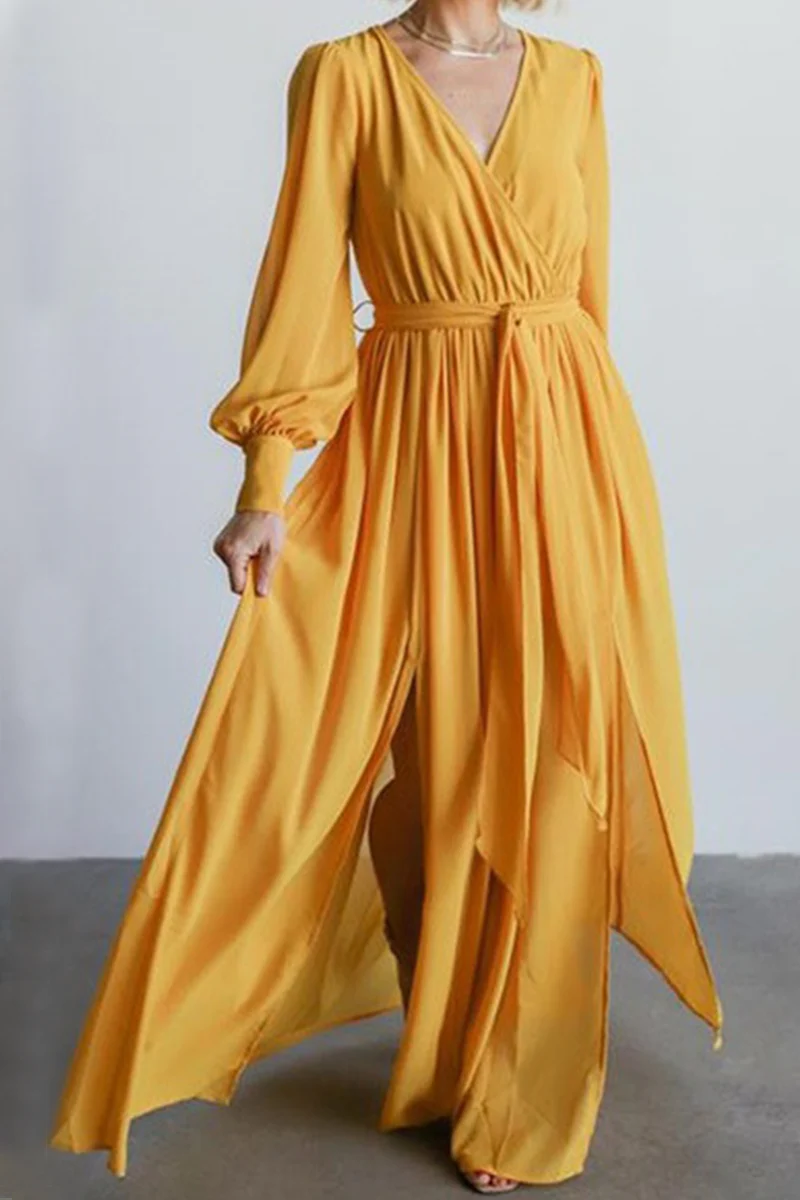 Fashion Elegant Solid Slit With Belt V Neck Dresses(5 colors) - Image 26