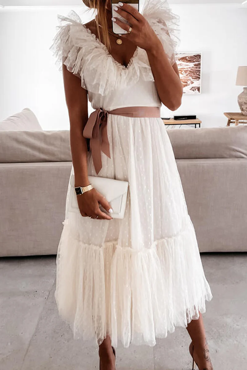 Fashion Elegant Solid With Belt Mesh V Neck A Line Dresses - Image 2