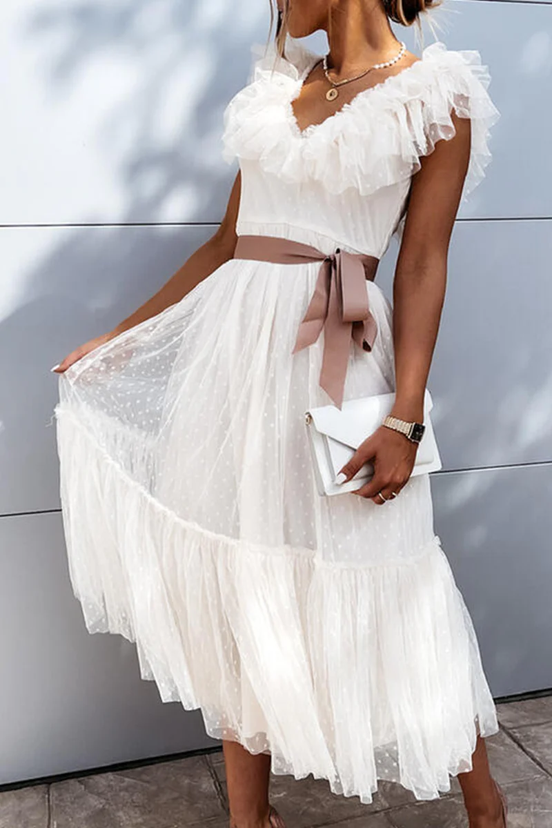 Fashion Elegant Solid With Belt Mesh V Neck A Line Dresses - Image 3