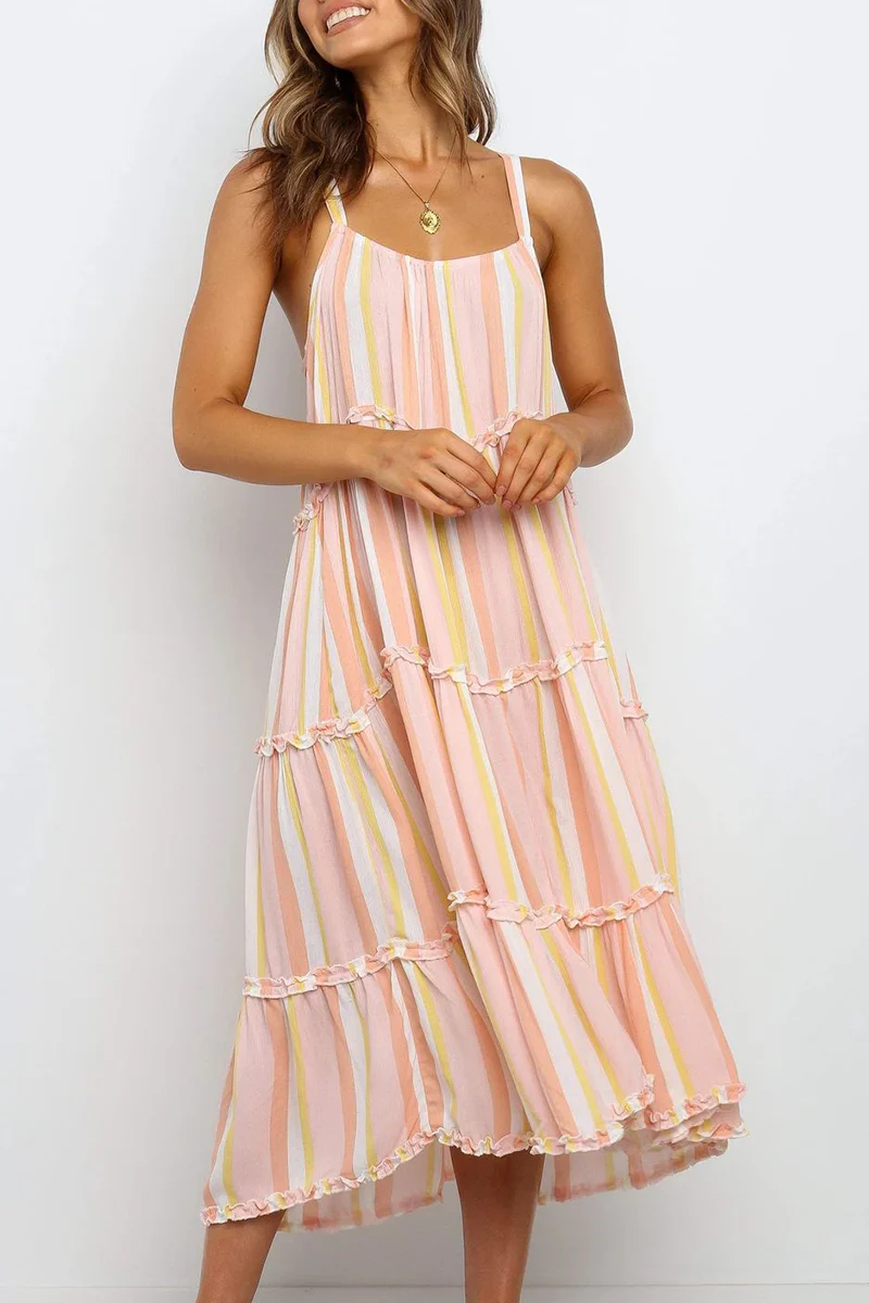 Fashion Patchwork Stringy Selvedge U Neck Dresses - Image 2