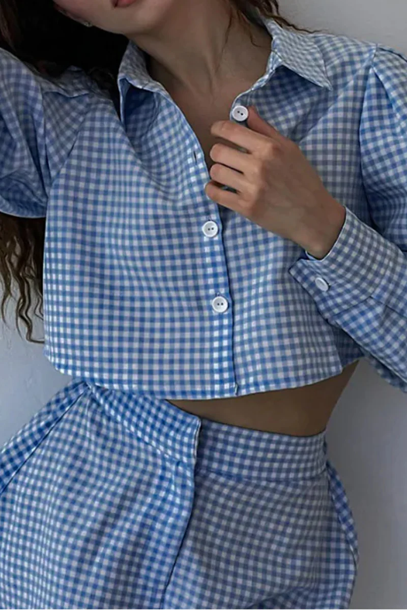 Fashion Plaid Patchwork Turndown Collar Long Sleeve Two Pieces(3 colors) - Image 2