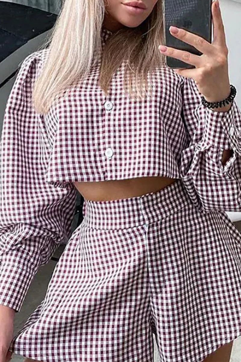 Fashion Plaid Patchwork Turndown Collar Long Sleeve Two Pieces(3 colors) - Image 3