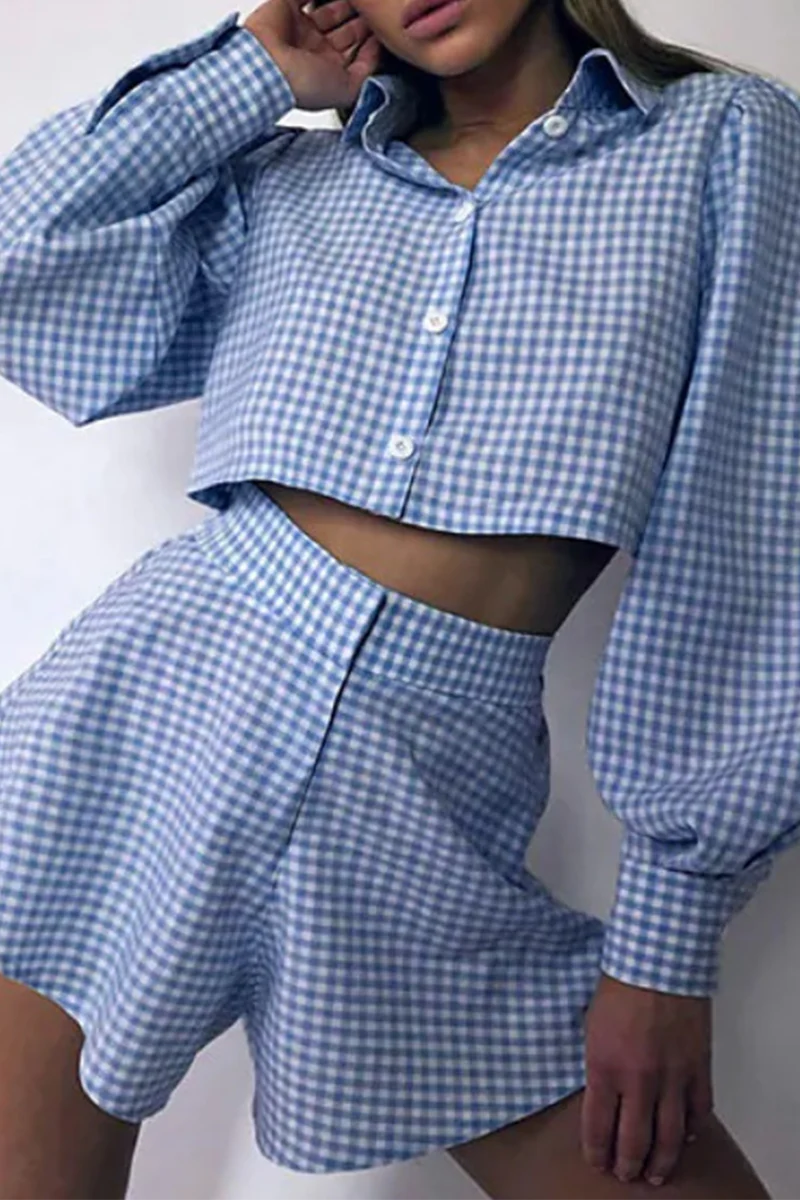Fashion Plaid Patchwork Turndown Collar Long Sleeve Two Pieces(3 colors) - Image 9