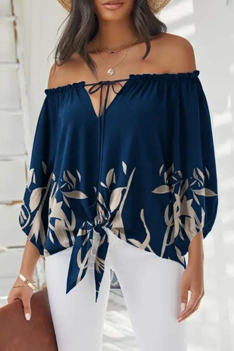Fashion Print Patchwork Off the Shoulder Tops(7 Colors) - Image 5