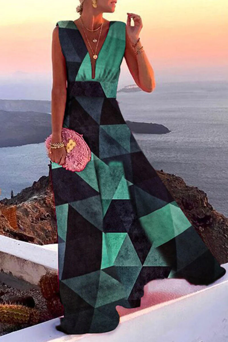 Fashion Simplicity Print Split Joint V Neck A Line Dresses(5 colors) - Image 11