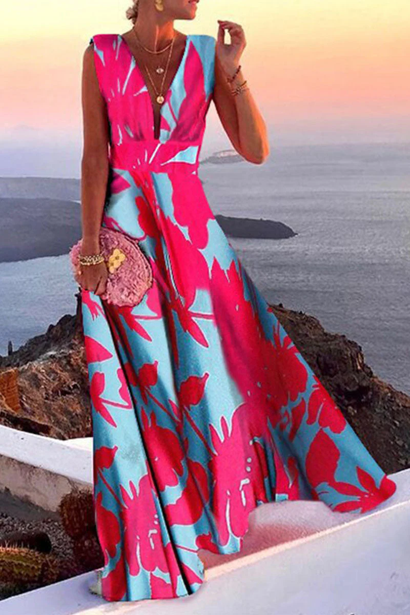 Fashion Simplicity Print Split Joint V Neck A Line Dresses(5 colors) - Image 12