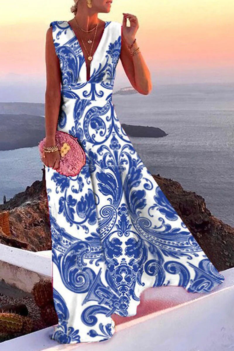 Fashion Simplicity Print Split Joint V Neck A Line Dresses(5 colors) - Image 3