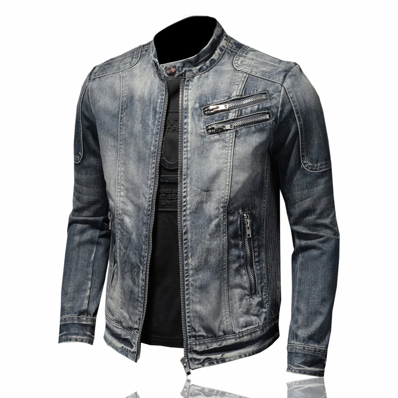 Fashion slim fit men's stand collar zipper Harley motorcycle denim jacket men's coat - Image 3