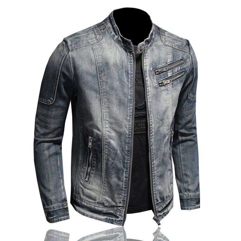 Fashion slim fit men's stand collar zipper Harley motorcycle denim jacket men's coat - Image 4