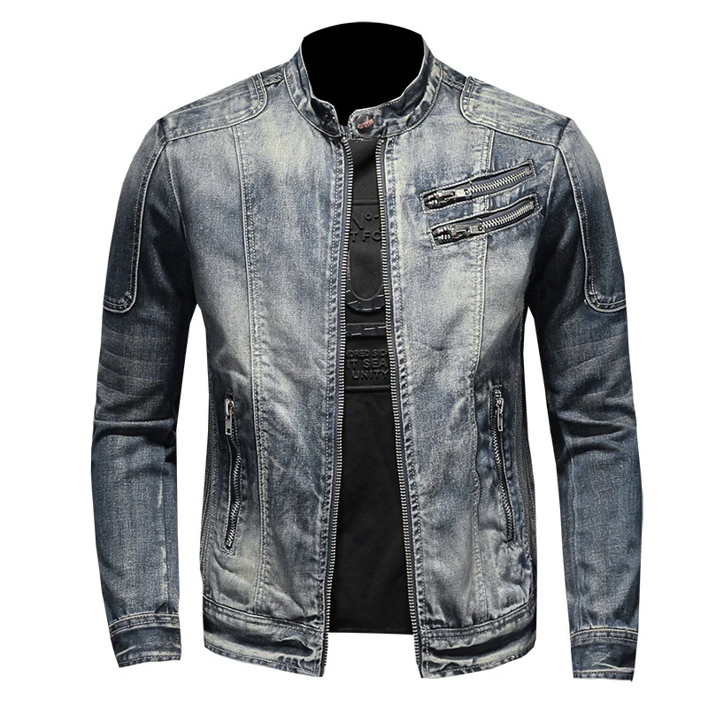 Fashion slim fit men's stand collar zipper Harley motorcycle denim jacket men's coat - Image 5