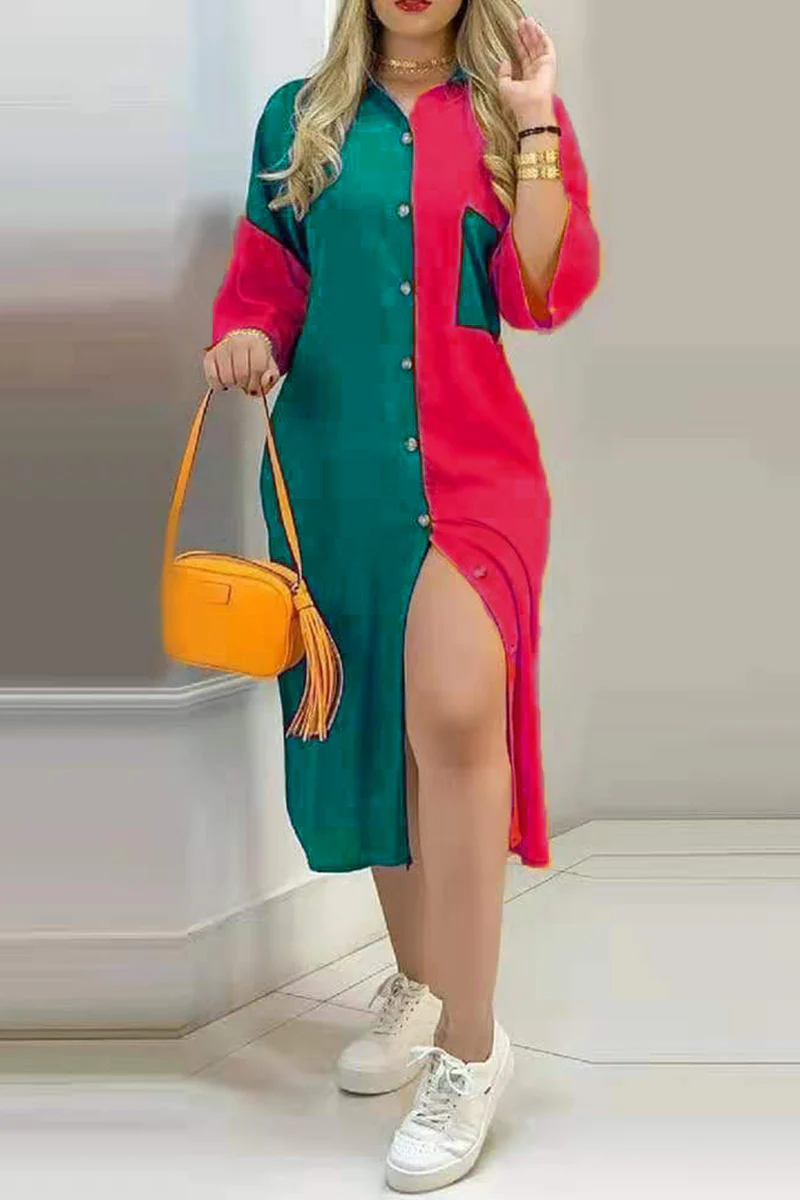 Fashion Street Print Buckle  Contrast Shirt Dress Dresses - Image 10