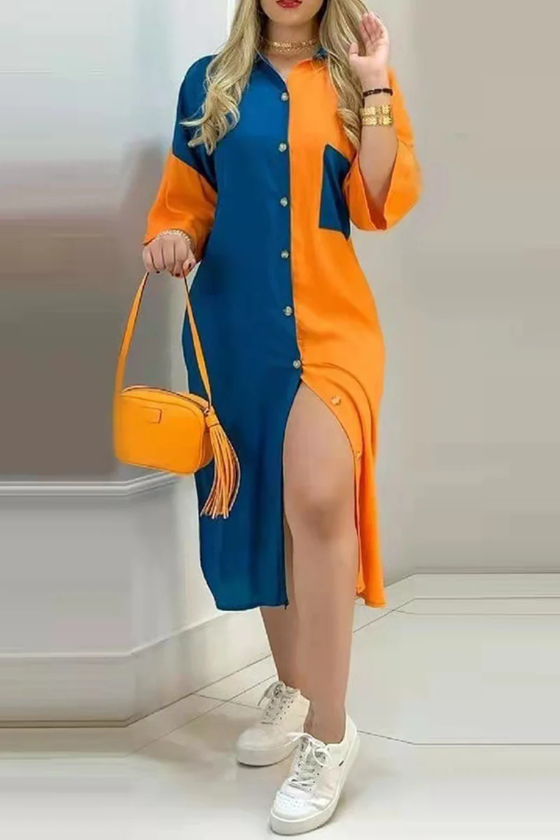 Fashion Street Print Buckle  Contrast Shirt Dress Dresses - Image 12