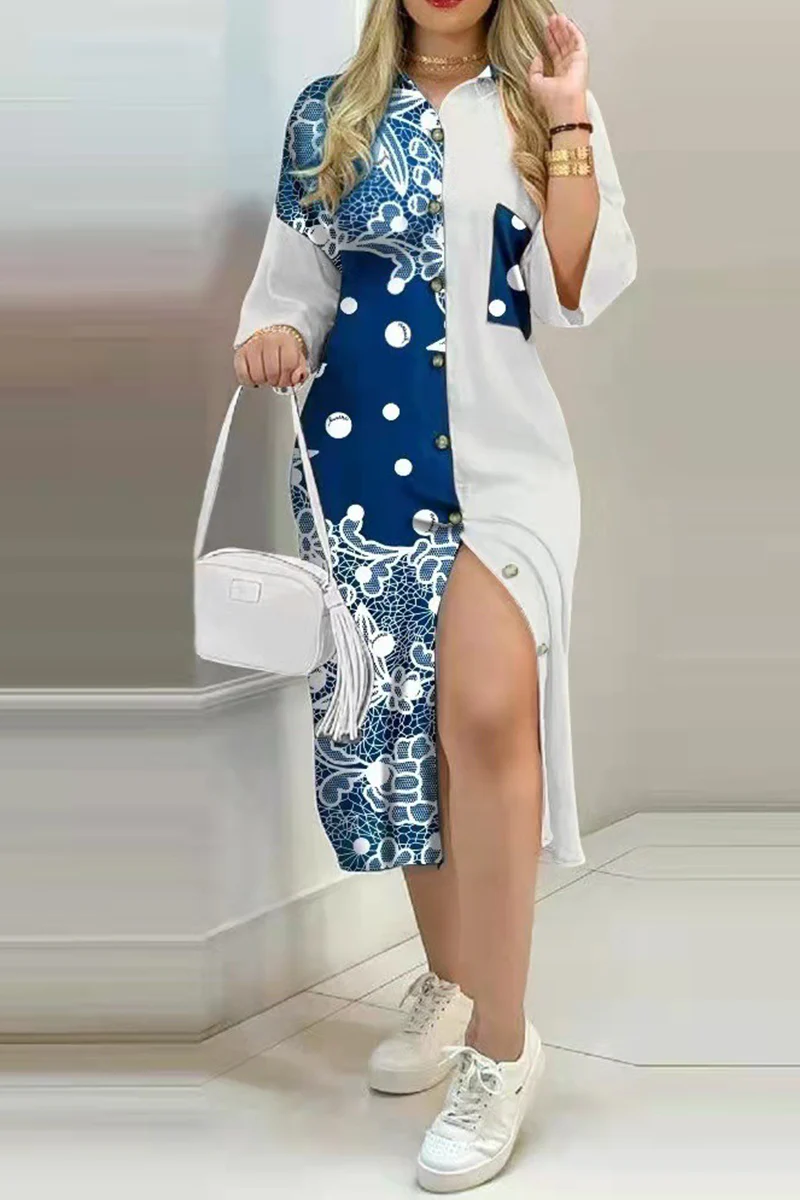 Fashion Street Print Buckle  Contrast Shirt Dress Dresses - Image 14