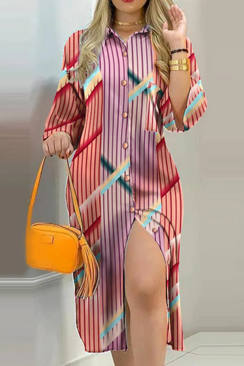 Fashion Street Print Buckle  Contrast Shirt Dress Dresses - Image 28