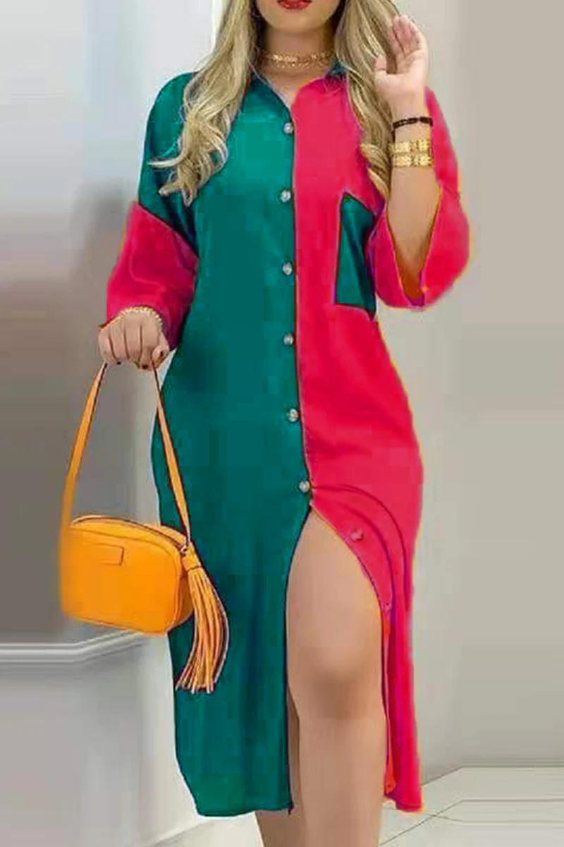 Fashion Street Print Buckle  Contrast Shirt Dress Dresses - Image 29