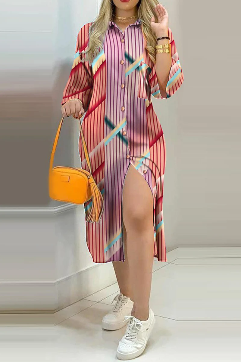 Fashion Street Print Buckle  Contrast Shirt Dress Dresses - Image 8