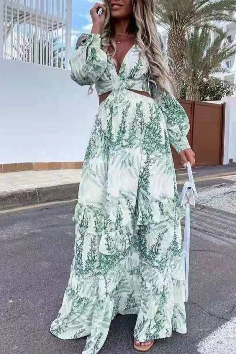Fashion Street Print Hollowed Out V Neck A Line Dresses(4 colors) - Image 12