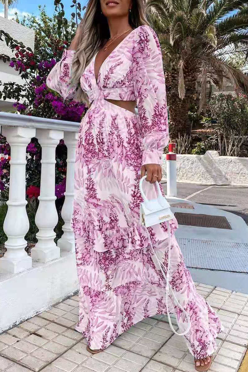 Fashion Street Print Hollowed Out V Neck A Line Dresses(4 colors) - Image 4